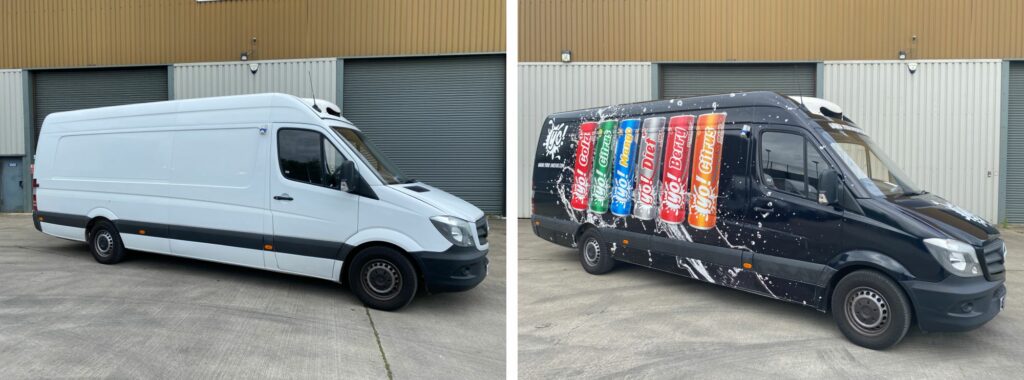 Mercedes Sprinter before and after a full van wrap