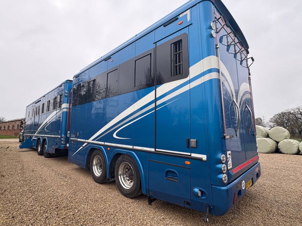 Blue horsebox and trailer before vinyl wrap installation.