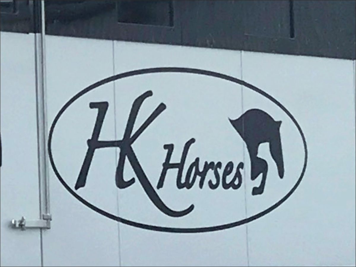 Close-up of HK Horses logo on the horsebox side panel.