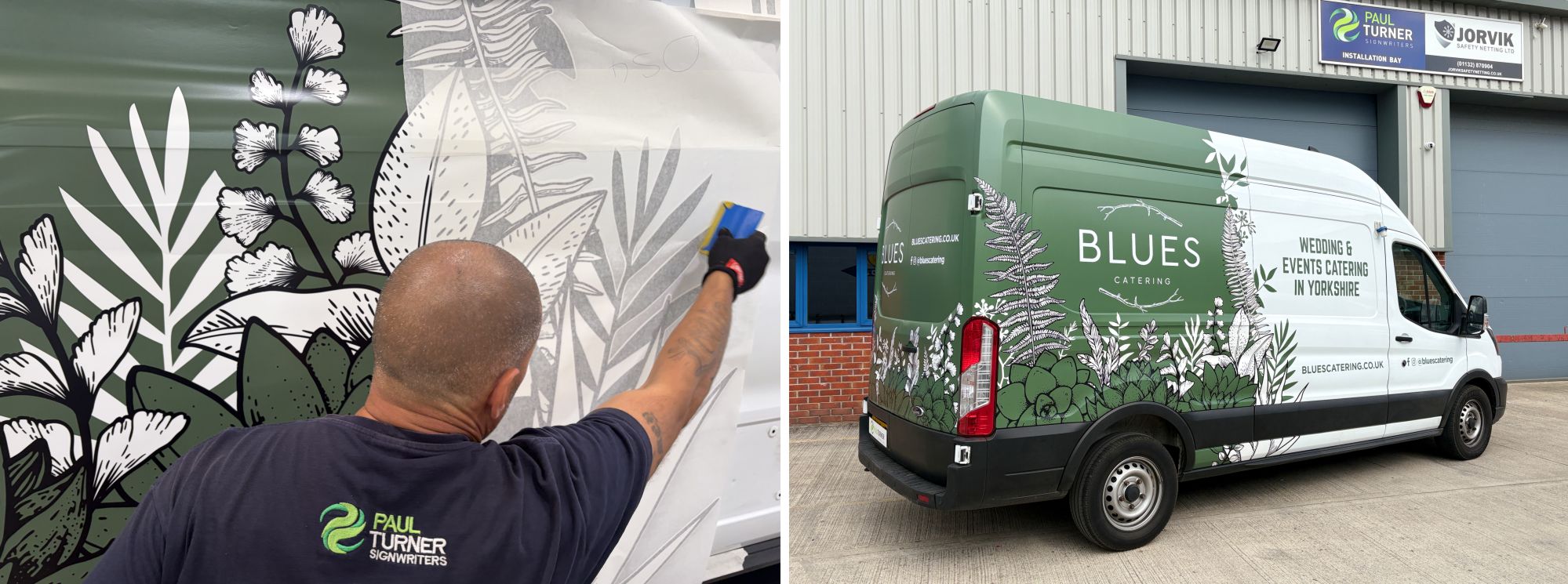 installing van wrap on blues catering